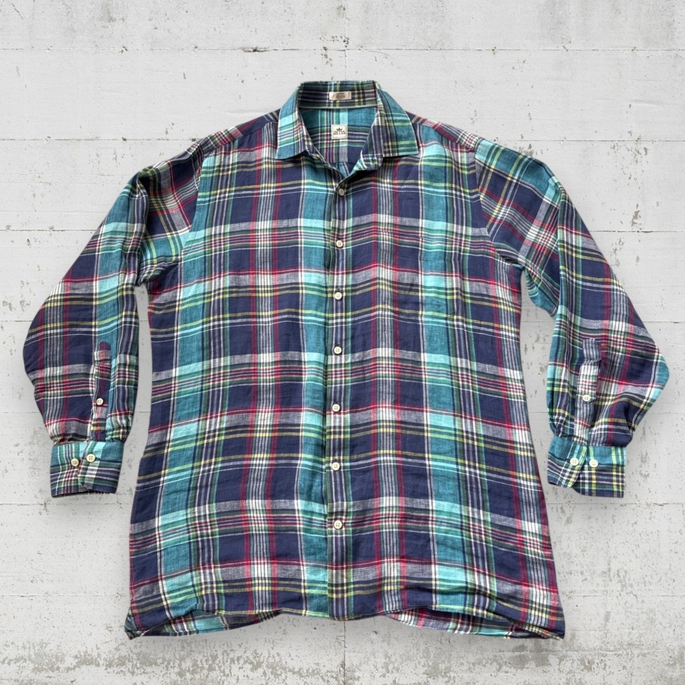 Peter Millar Shirt Men's M Plaid 100% Linen Shirt Button Down Spring Summer